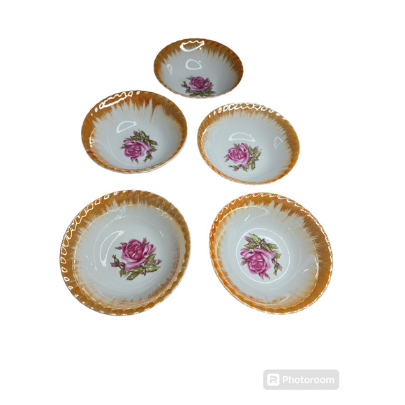 Luster ware set of 5 bowls Vintage Japan Bowl Lusterware Pink Rose Edges 6" - Picture 5 of 5